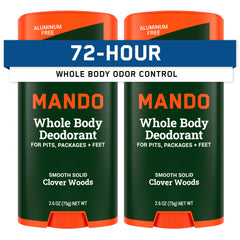 Mando whole body deodorant for men front packaging highlights aluminum-free, long-lasting odor protection.