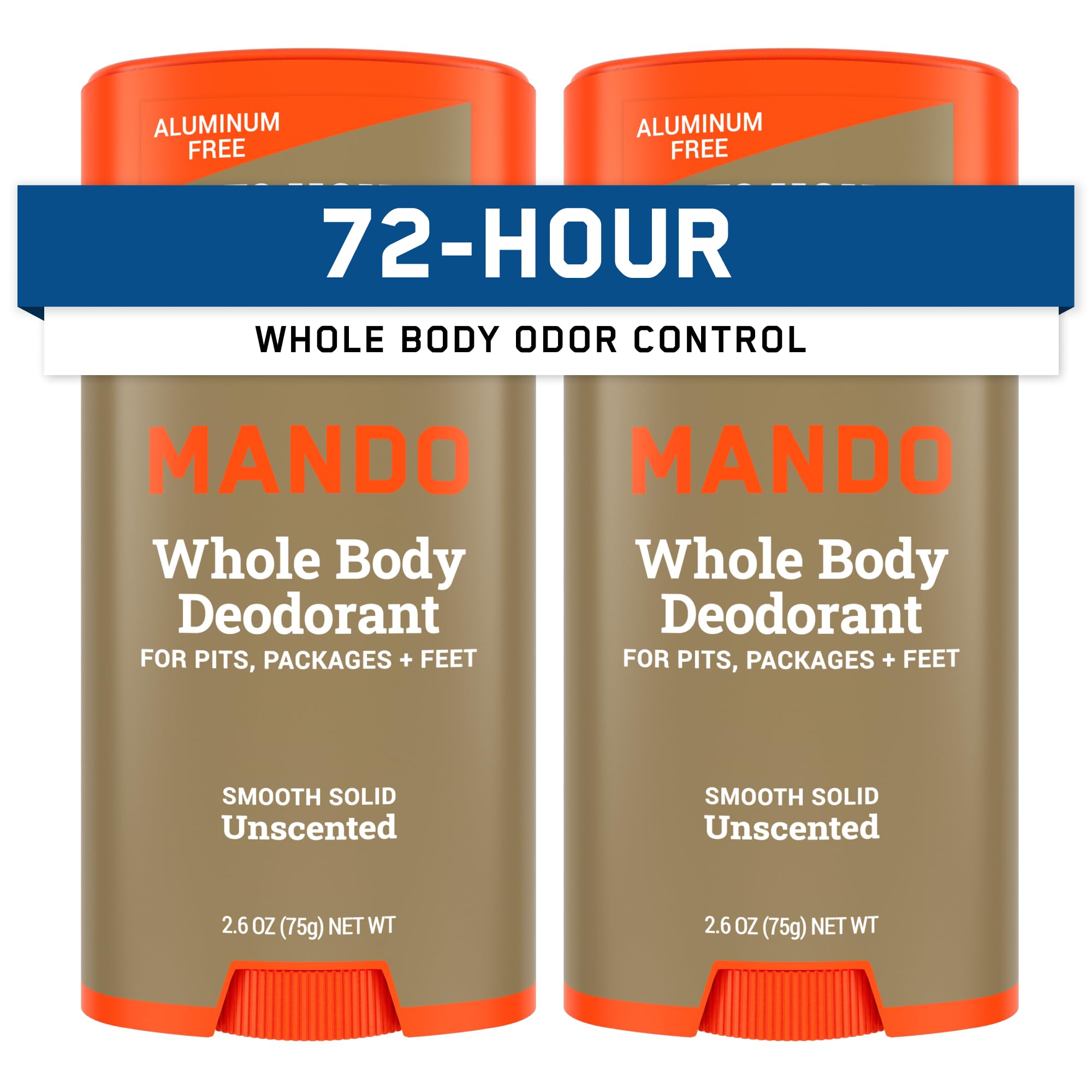 Mando Whole Body Deodorant bottle front with unscented formula for all-day odor control.