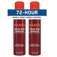 Mando Whole Body Deodorant bottle front shows bourbon leather scent for all-day freshness