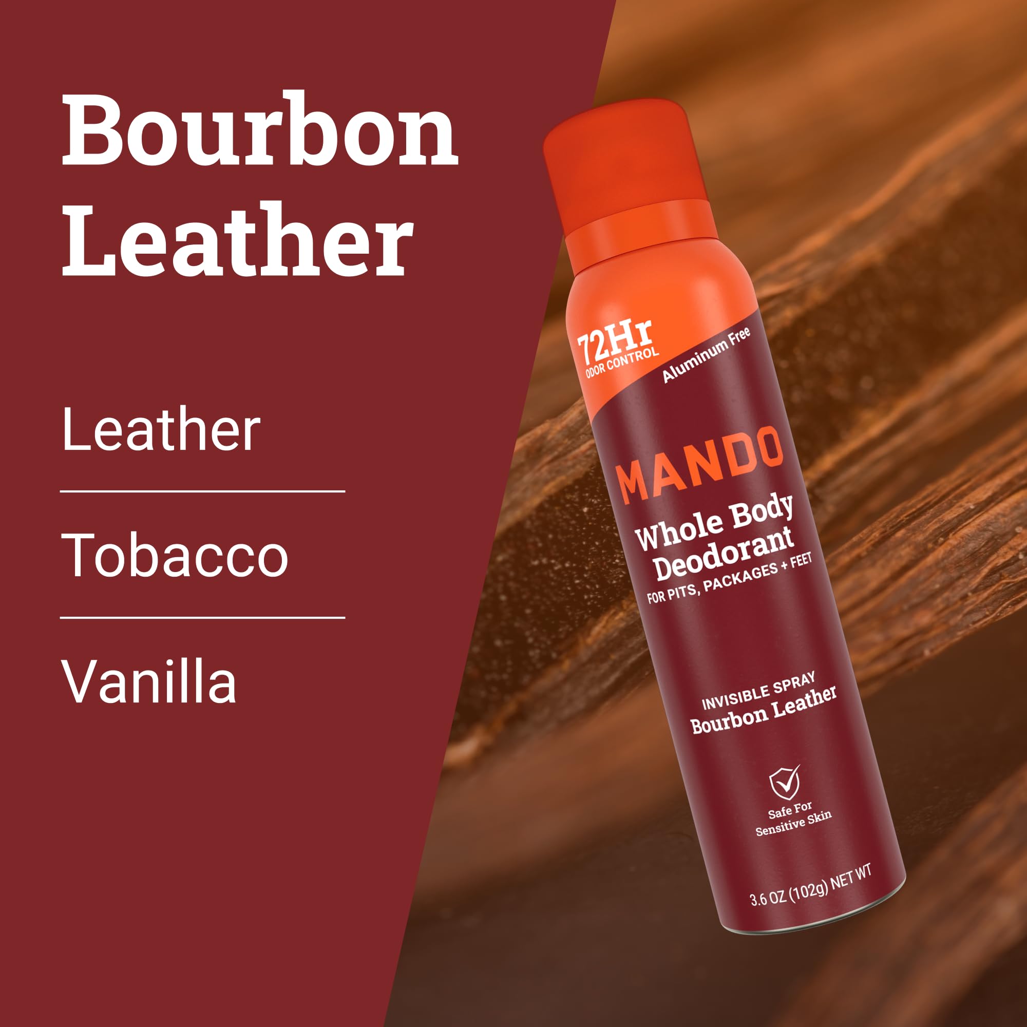Mando bourbon leather freshness image conveys woody, masculine aroma