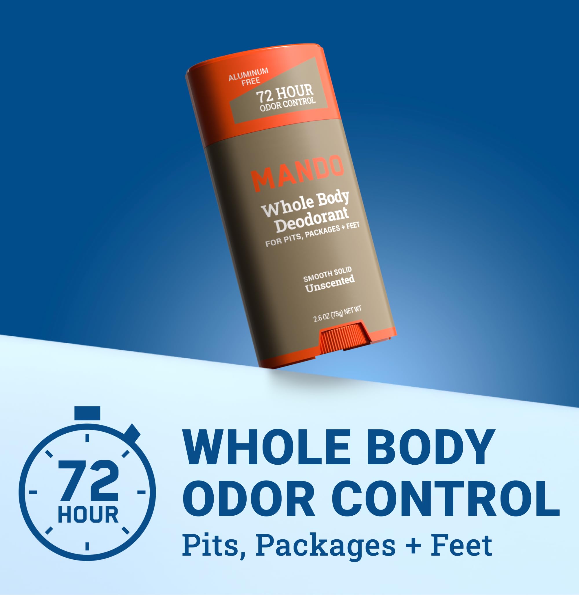 Mando Whole Body Deodorant stick application demonstrates easy rub-in for targeted odor protection.