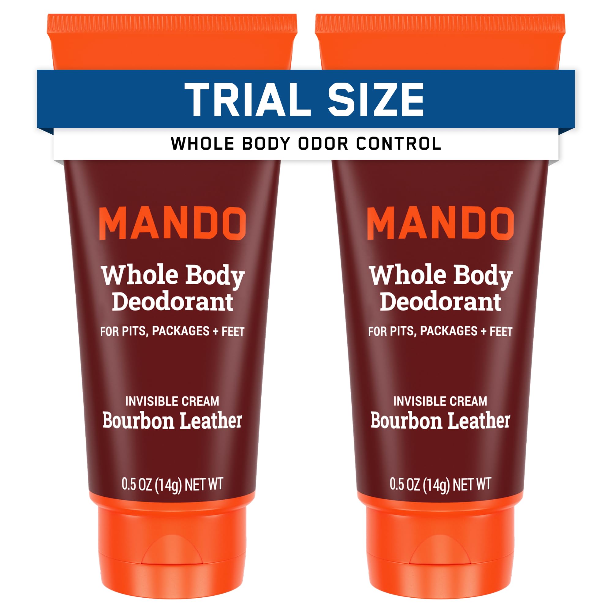 Mando whole body deodorant travel-size tube showing compact packaging for fresh all day use