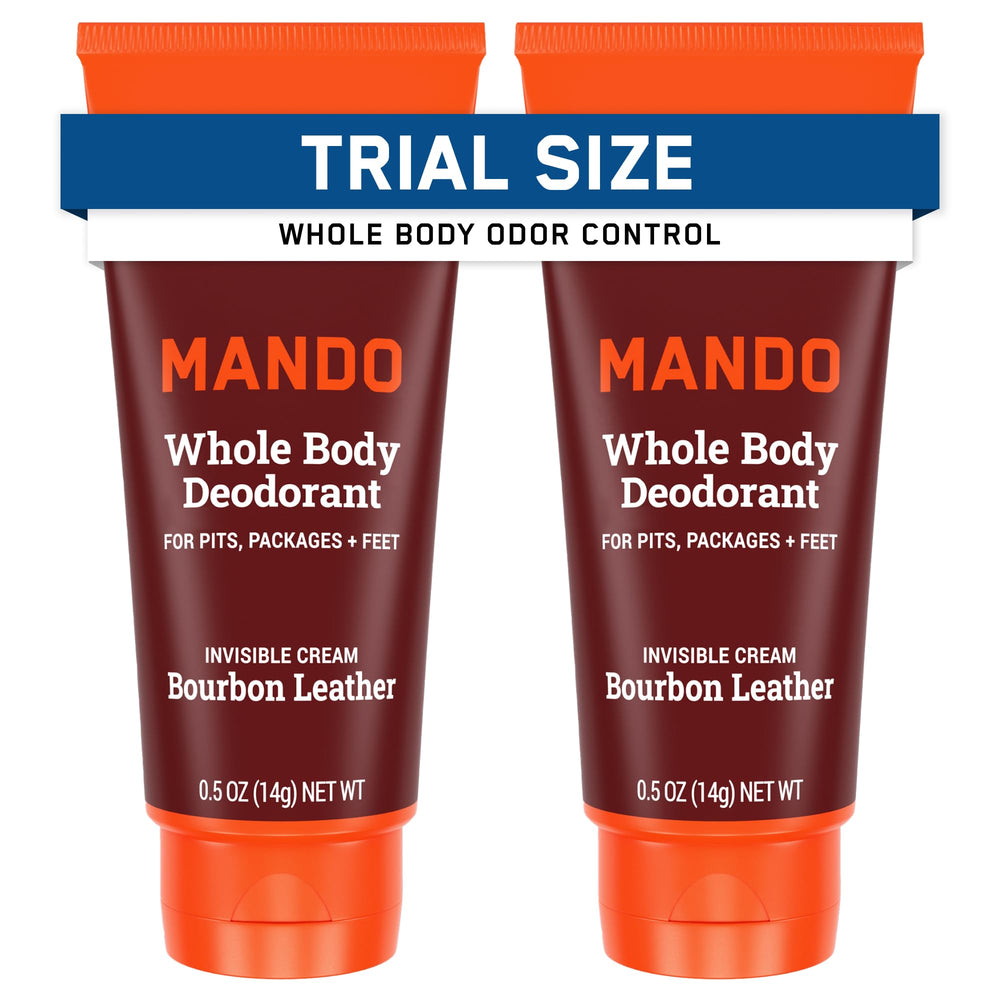 Mando whole body deodorant travel-size tube showing compact packaging for fresh all day use