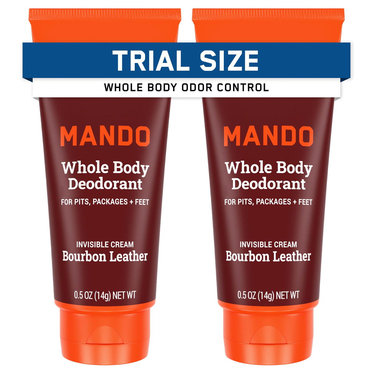 Mando whole body deodorant travel-size tube showing compact packaging for fresh all day use