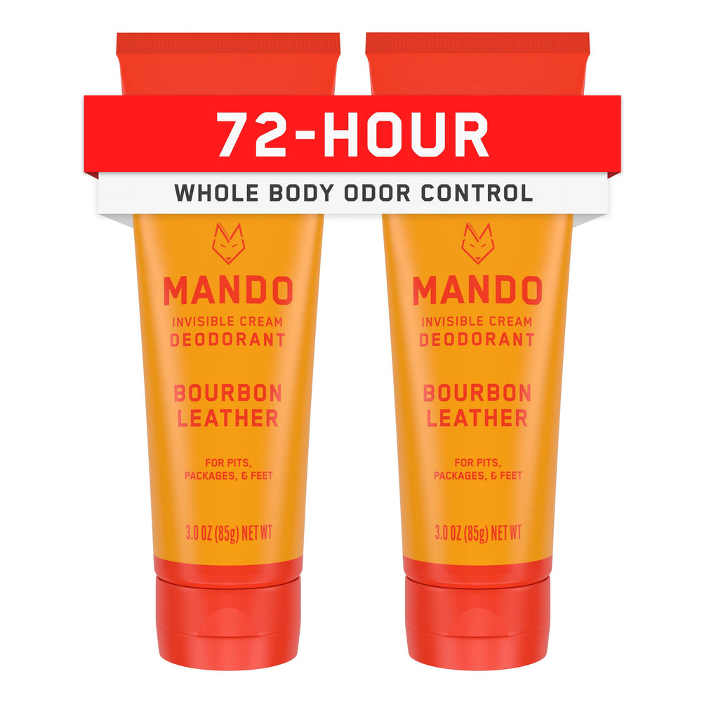 Mando Bourbon Leather deodorant tube front showing aluminum-free formula for all-day odor control.