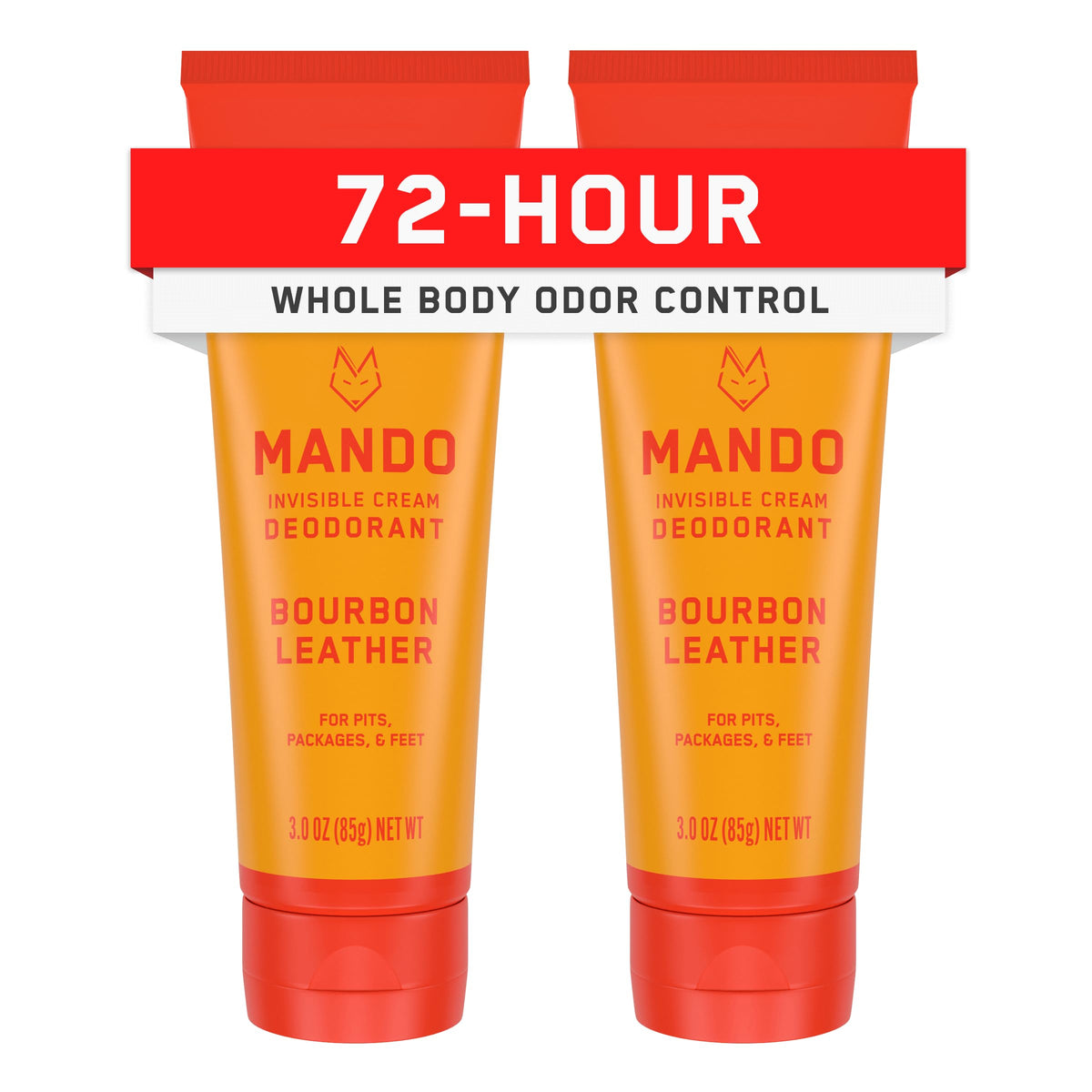 Mando Bourbon Leather deodorant tube front showing aluminum-free formula for all-day odor control.