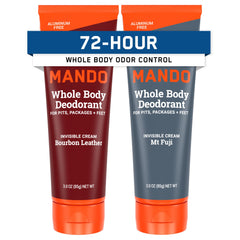 Mando whole body deodorant tube front view showing invisible cream for long-lasting odor control.