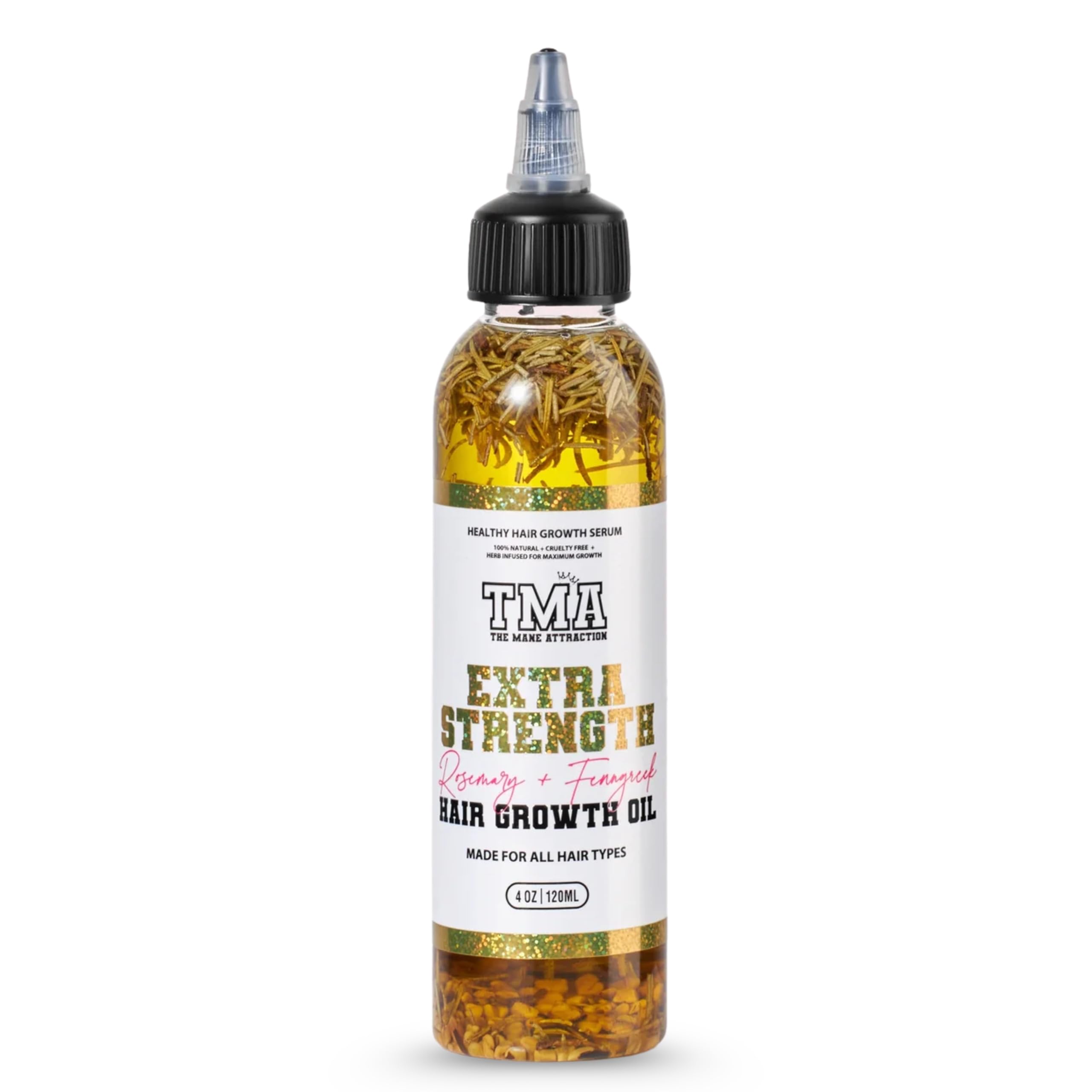 The Mane Attraction extra-strength rosemary-fenugreek oil bottle promotes scalp nourishment