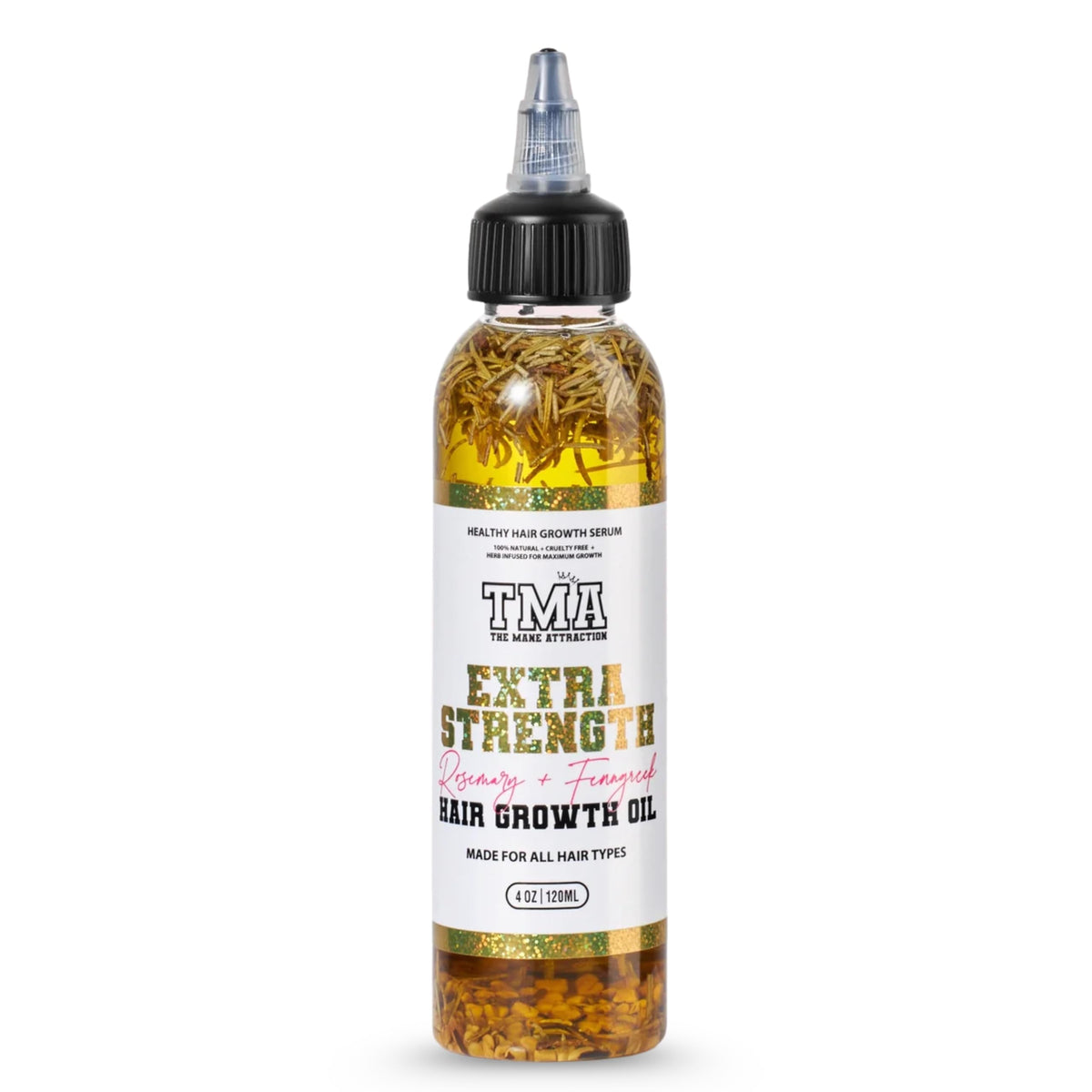 The Mane Attraction extra-strength rosemary-fenugreek oil bottle promotes scalp nourishment