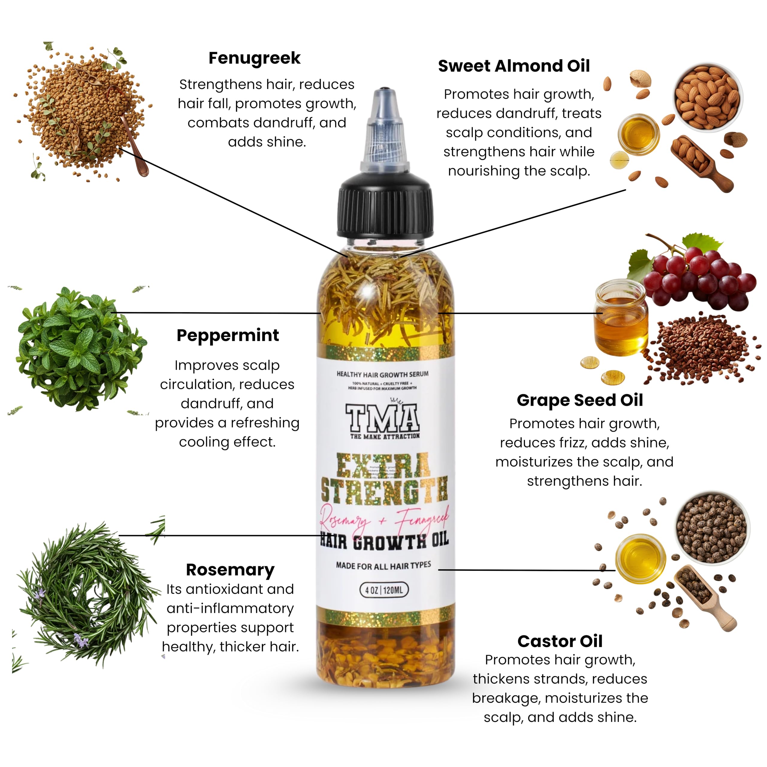 The Mane Attraction extra-strength rosemary-fenugreek oil pour for easy application