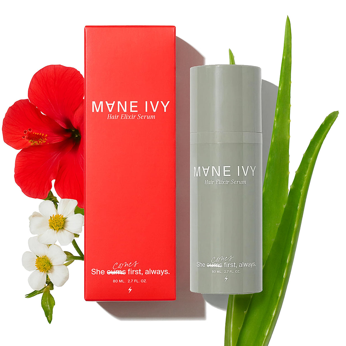 MANE IVY Hair Elixir Serum bottle being poured for easy, one-pump application.