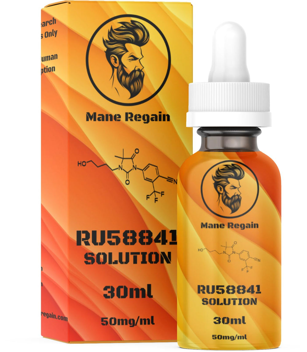 Mane Regain RU58841 5% bottle close-up highlighting the potent hair loss solution.