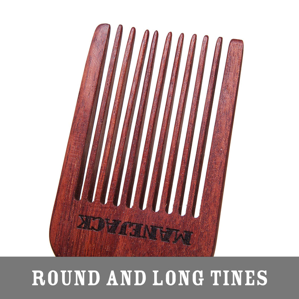 MANEJACK beard pick close-up shows coarse teeth for detangling thick beard hairs.