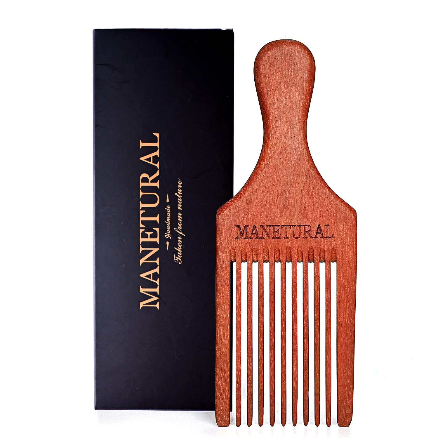MANETURAL Beard Pick close-up shows fine wood grain for precise grooming.