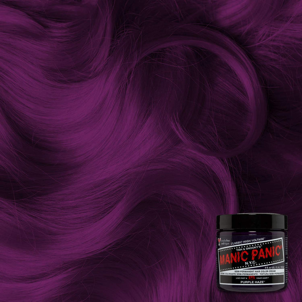 MANIC PANIC Purple Haze hair before and after image demonstrates deepening of tone.