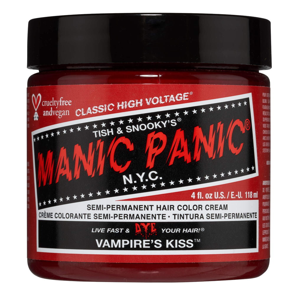 MANIC PANIC Vampire's Kiss bottle shows bold red shade for vibrant results.