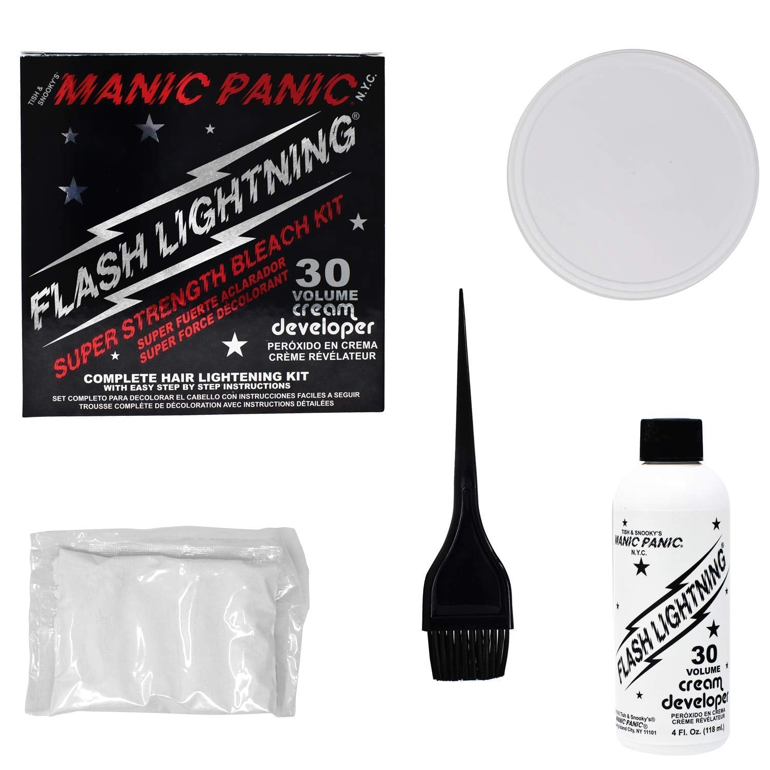 MANIC PANIC Dust-Free Bleach Powder for even lift on dense hair.