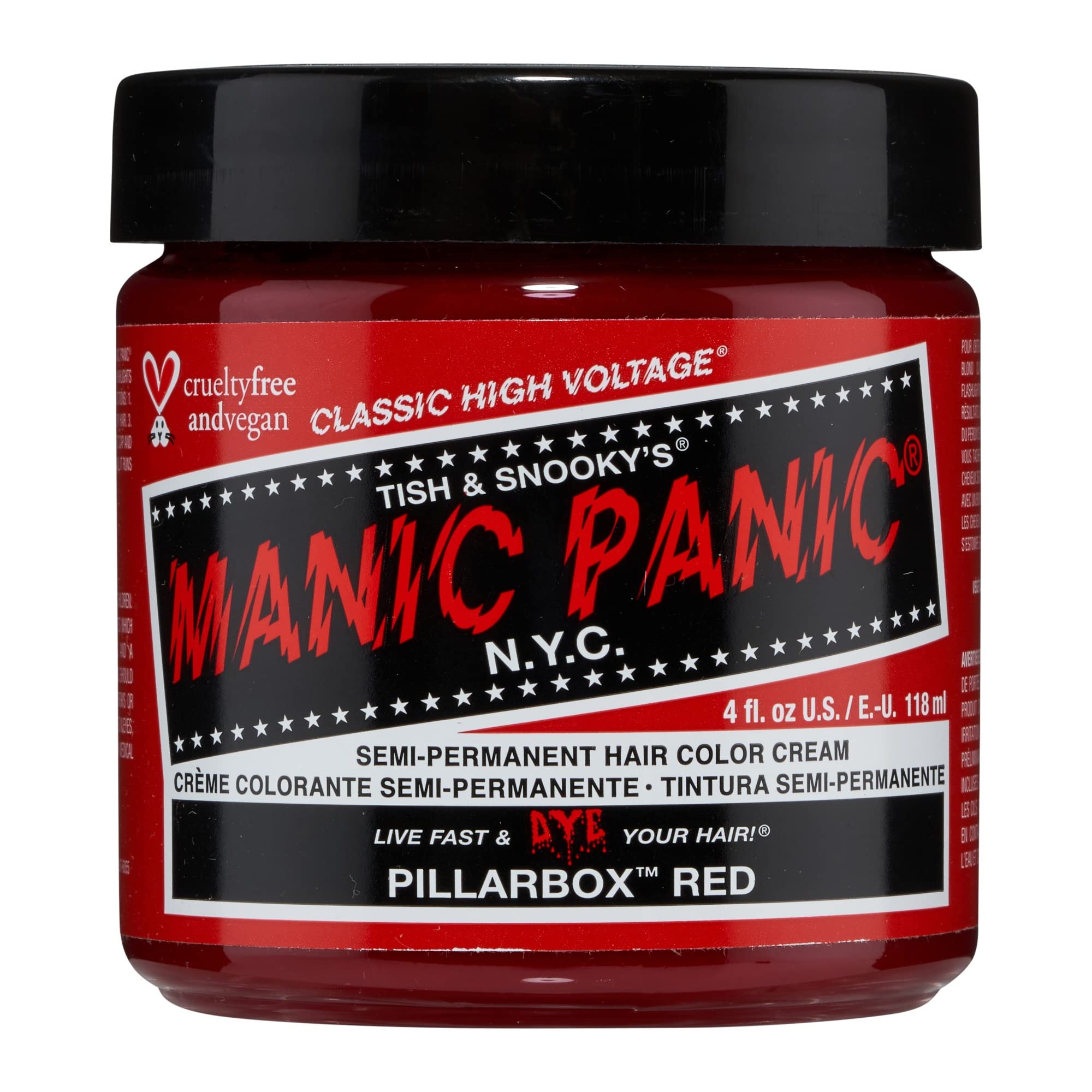 MANIC PANIC Pillarbox Red bottle closeup shows vibrant, long-lasting color potential.
