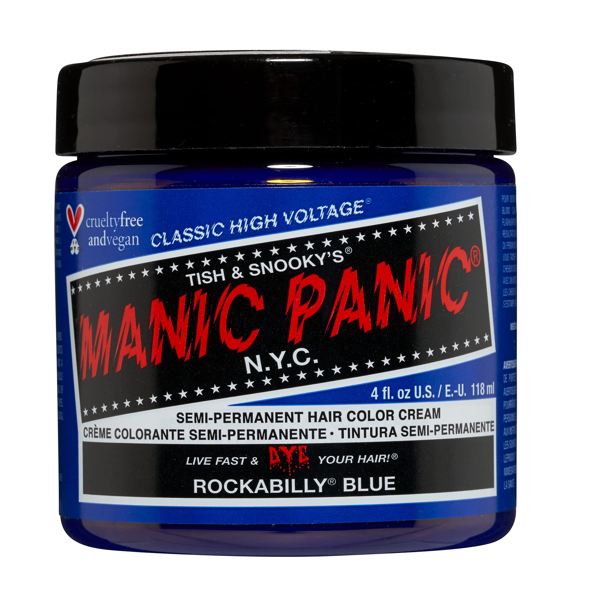 MANIC PANIC Rockabilly Blue bottle close-up highlighting vibrant pigment.