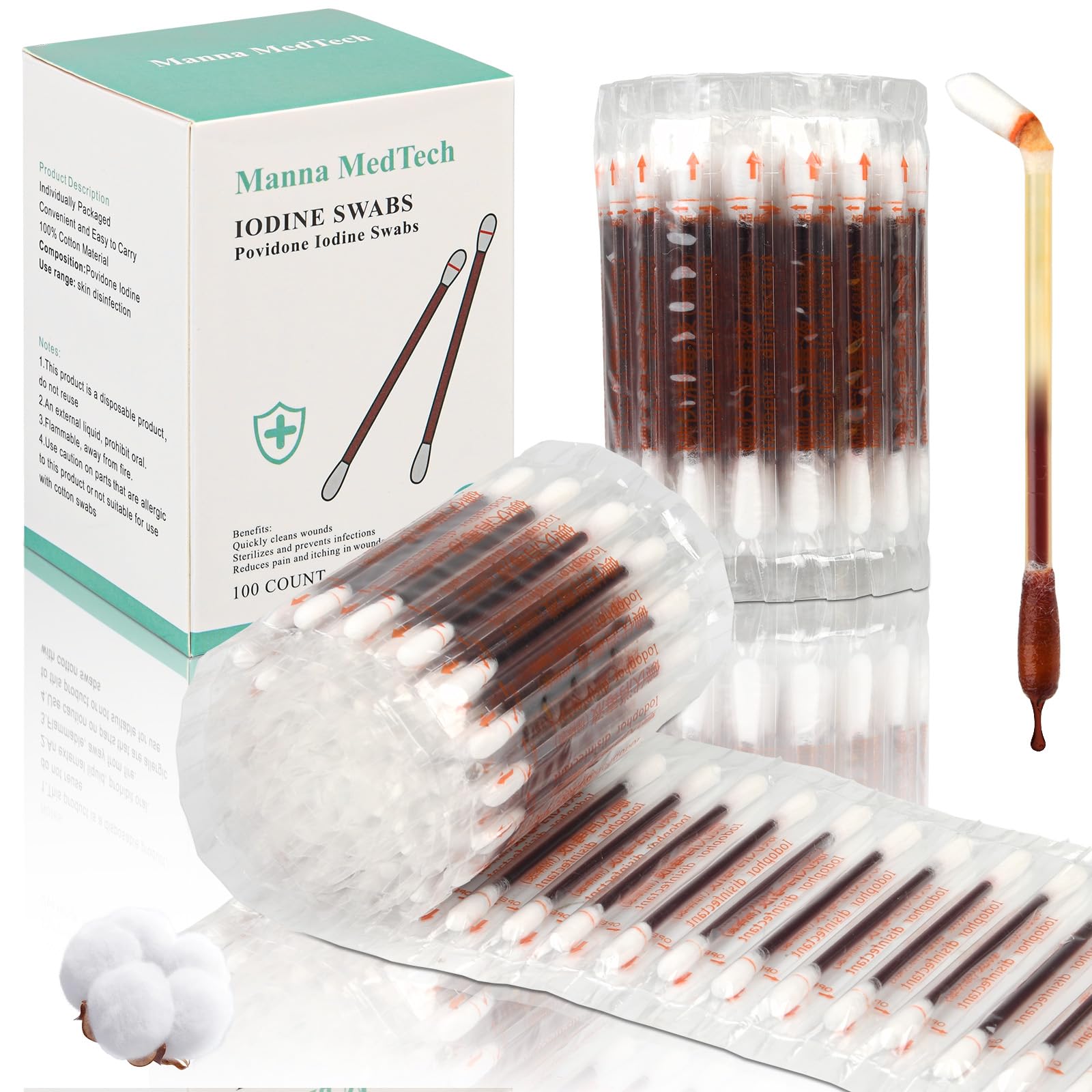 Manna MedTech iodine swabs package front shows a 100-count box ready for home first aid