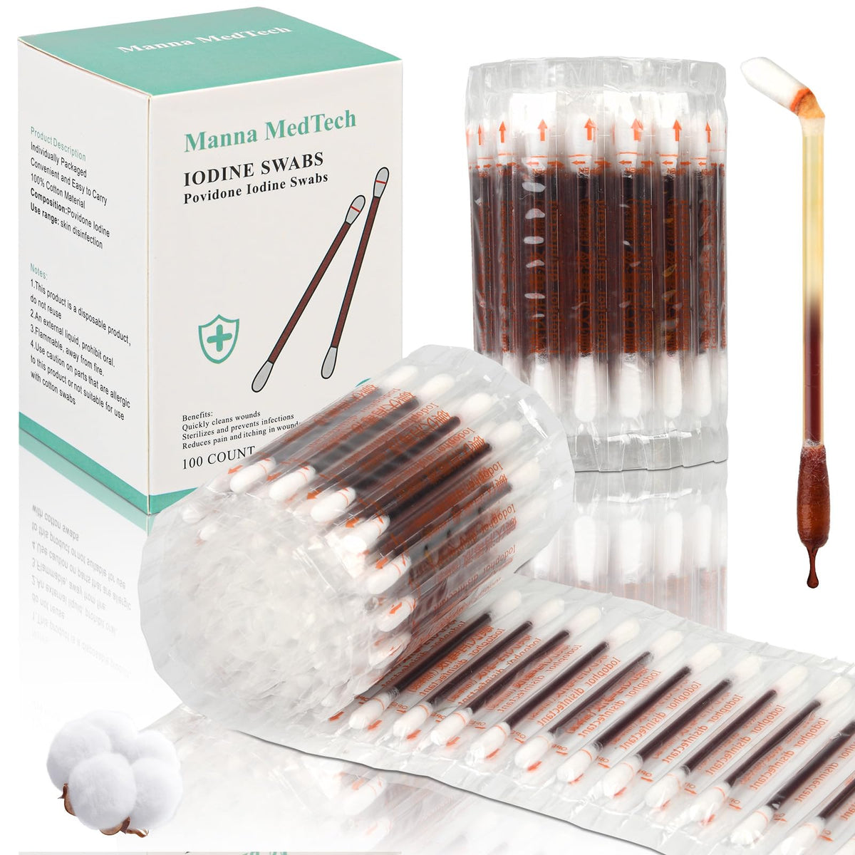 Manna MedTech iodine swabs package front shows a 100-count box ready for home first aid