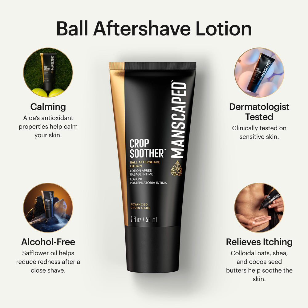MANSCAPED Crop Soother label closeup highlights alcohol-free soothing formula.