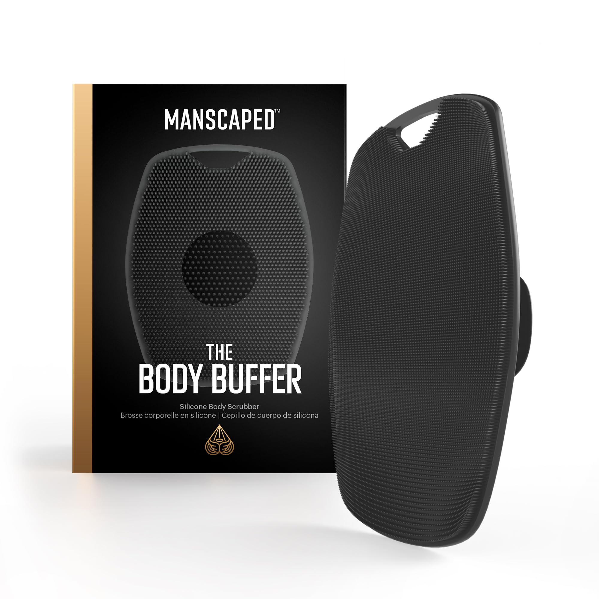 MANSCAPED The Body Buffer frente: limpieza profunda con silicona higiénica para la piel.