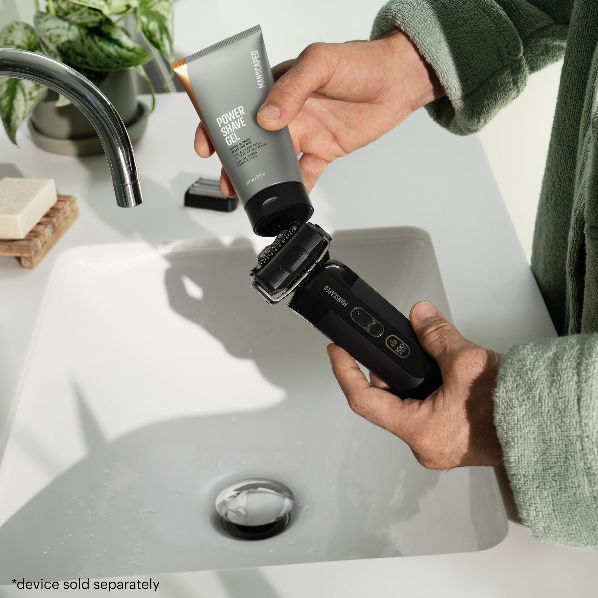 MANSCAPED Power Shave Gel on bathroom shelf for daily use
