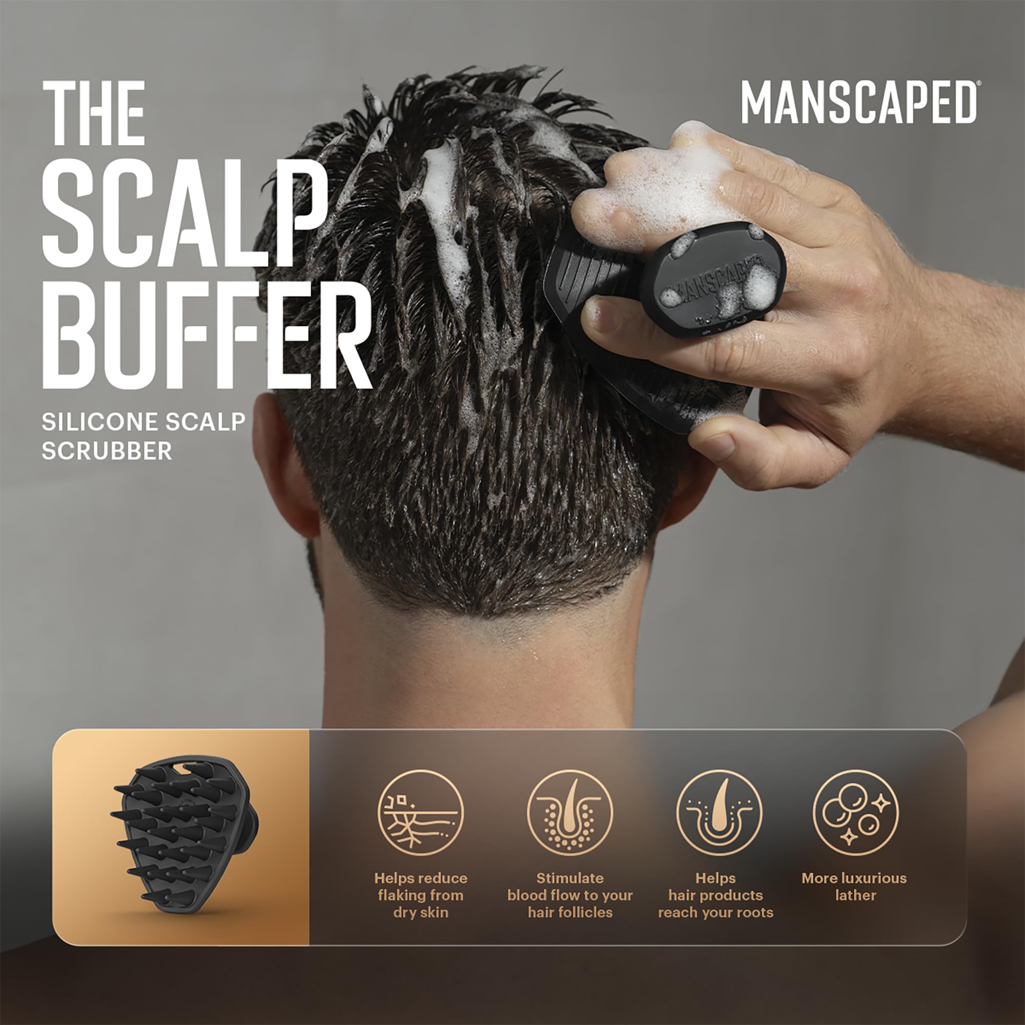 MANSCAPED Scalp Buffer ergonomic grip shown for comfortable scalp massage.