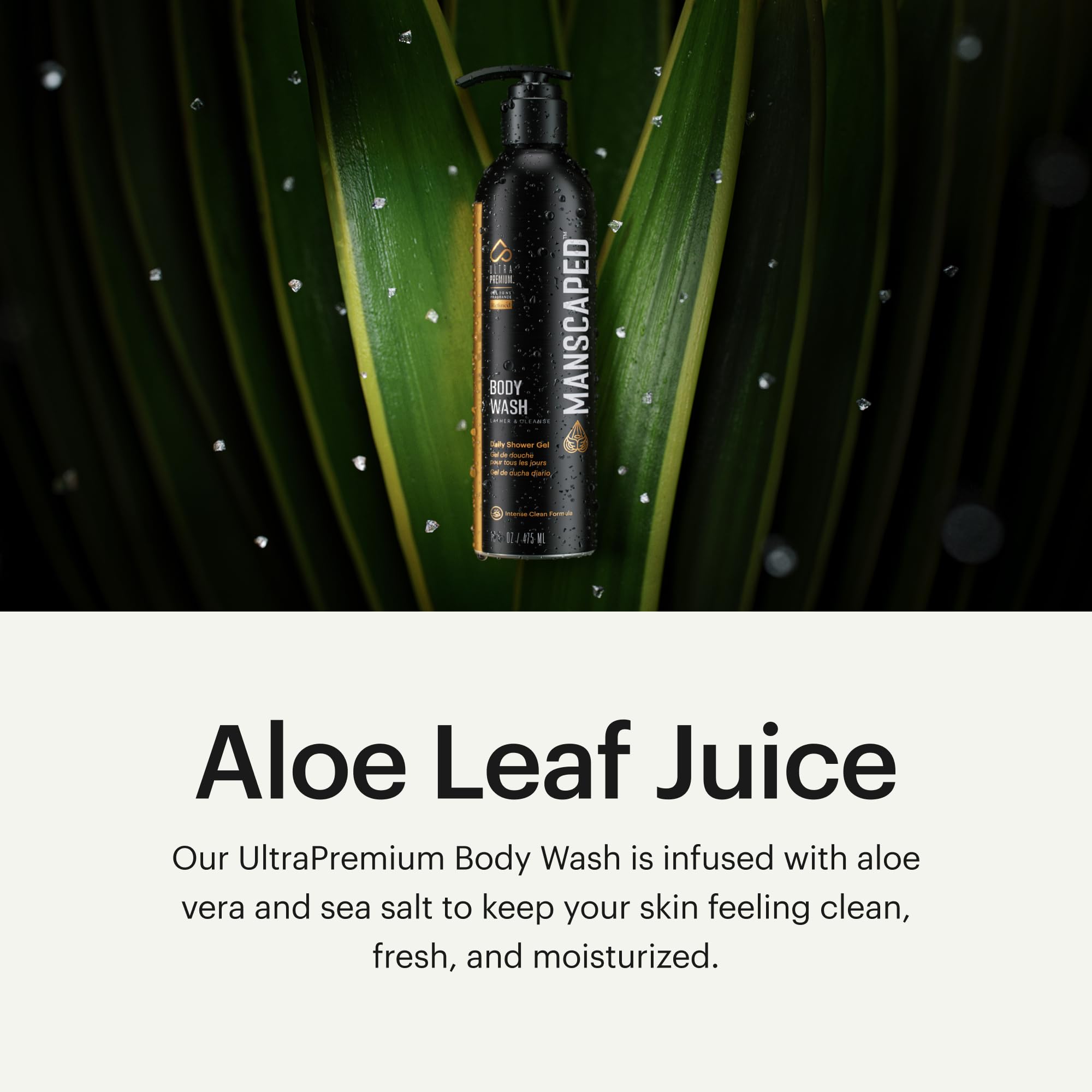 MANSCAPED UltraPremium: ingredientes aloe y sal marina para piel equilibrada.