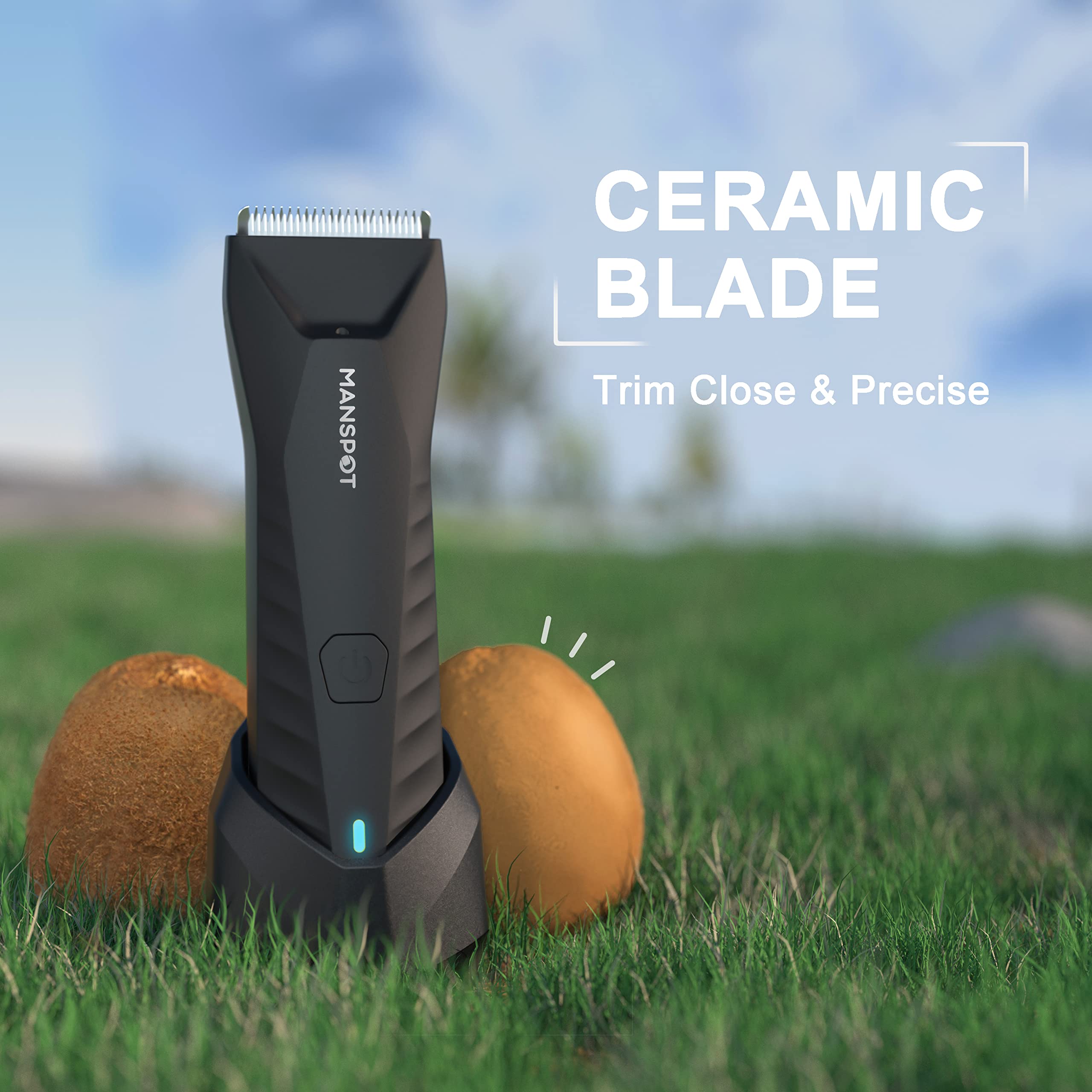 MANSPOT ceramic blades close-up show smooth, irritation-free trimming.