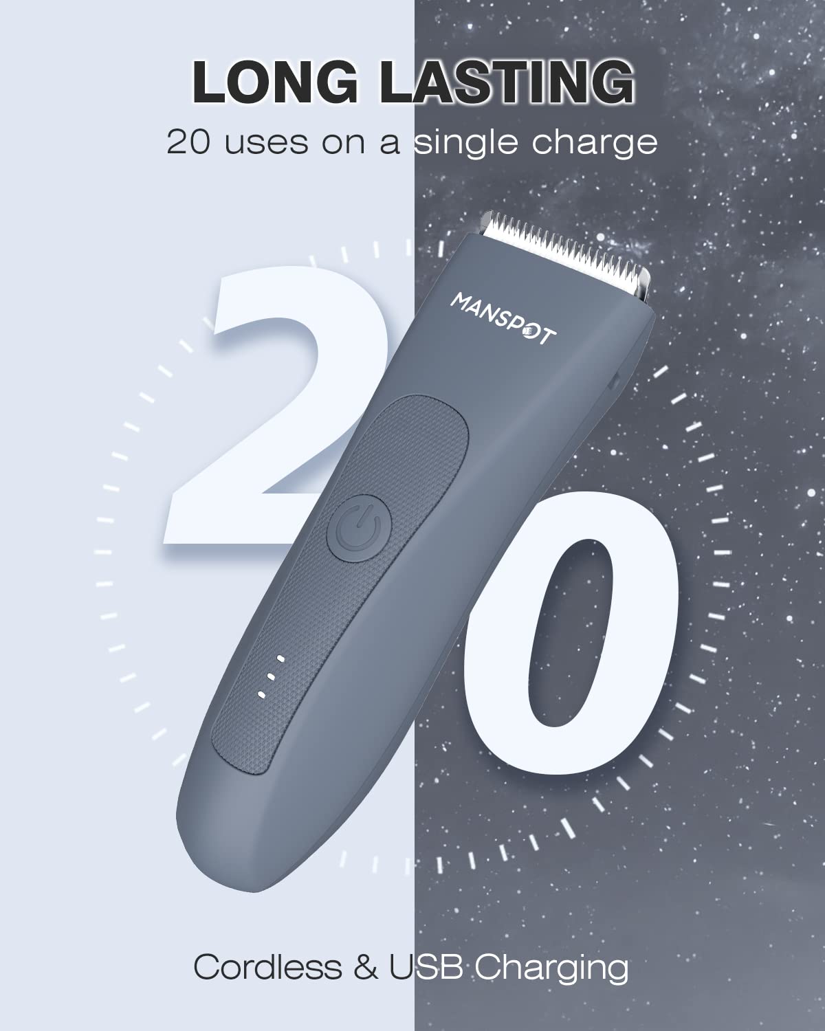 MANSPOT rechargeable battery, up to 20 uses per charge.