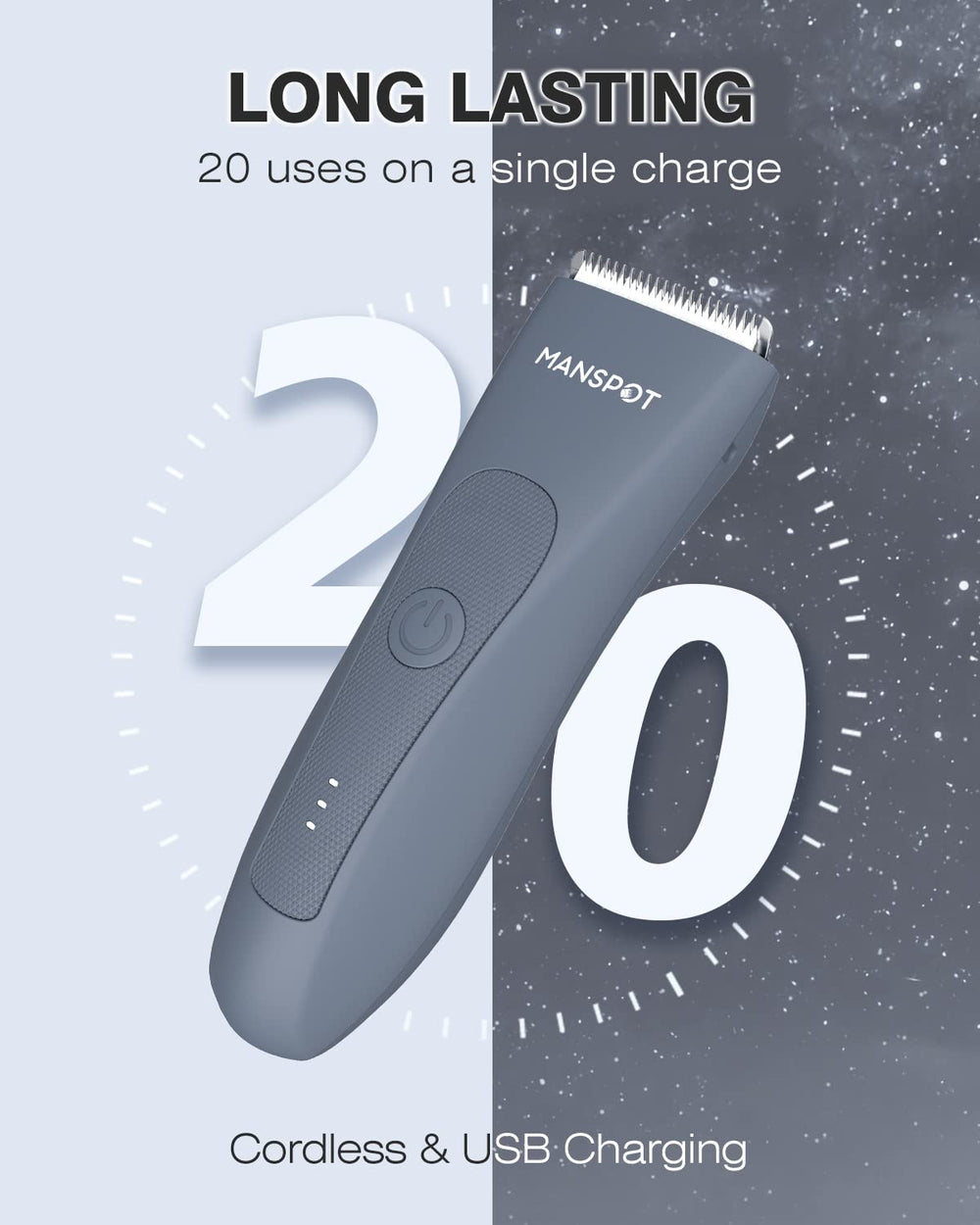 MANSPOT rechargeable battery, up to 20 uses per charge.