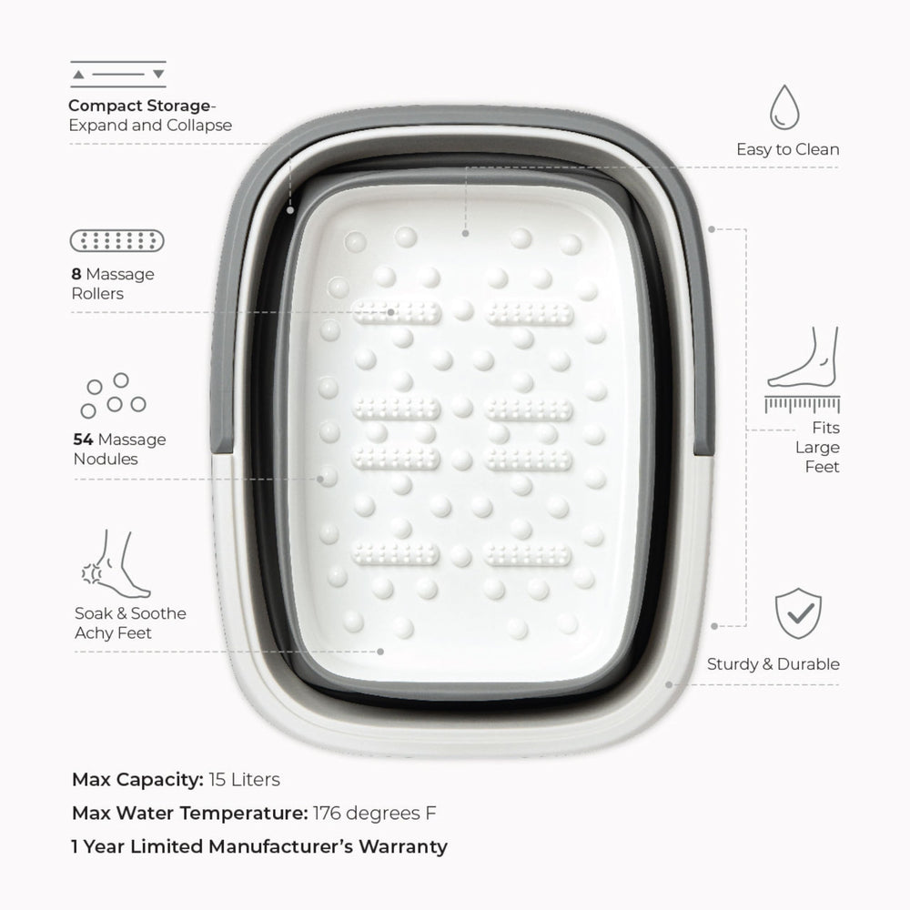 Mantello collapsible foot bath with carry handle for on-the-go use.