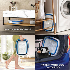 Mantello collapsible blue foot bath folds flat for compact storage and travel.