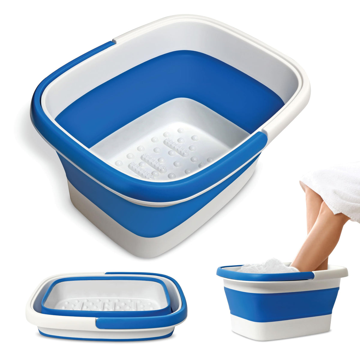 Mantello collapsible blue foot bath provides full submersion for a spa-like soak.