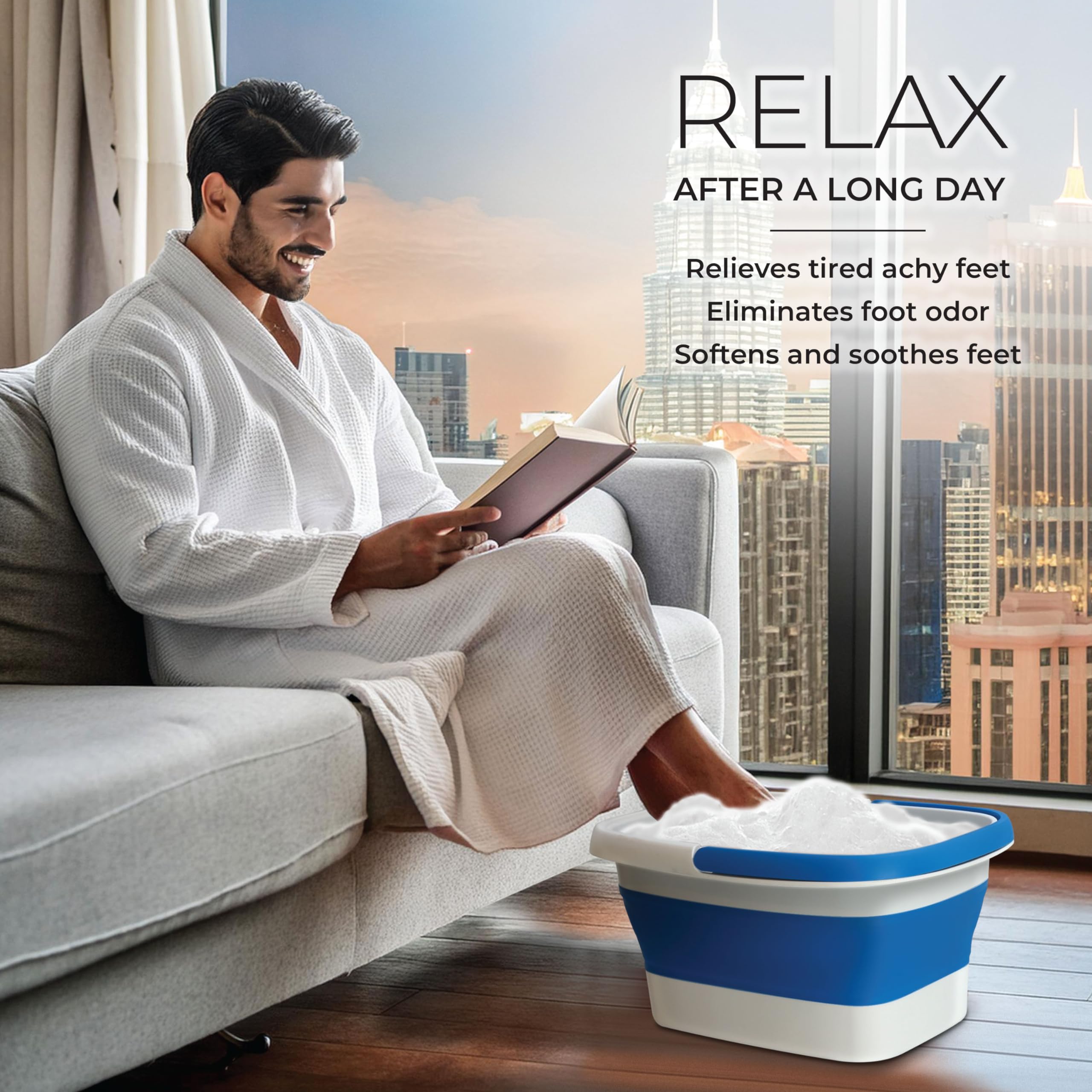 Mantello blue foot bath supports ice or cool soaks for refreshment.