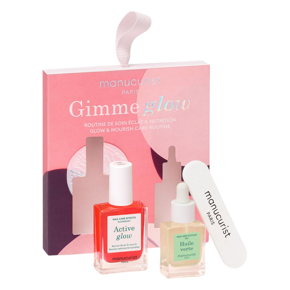 Manucurist Active Glow Raspberry bottle with radiant pink shine on nails
