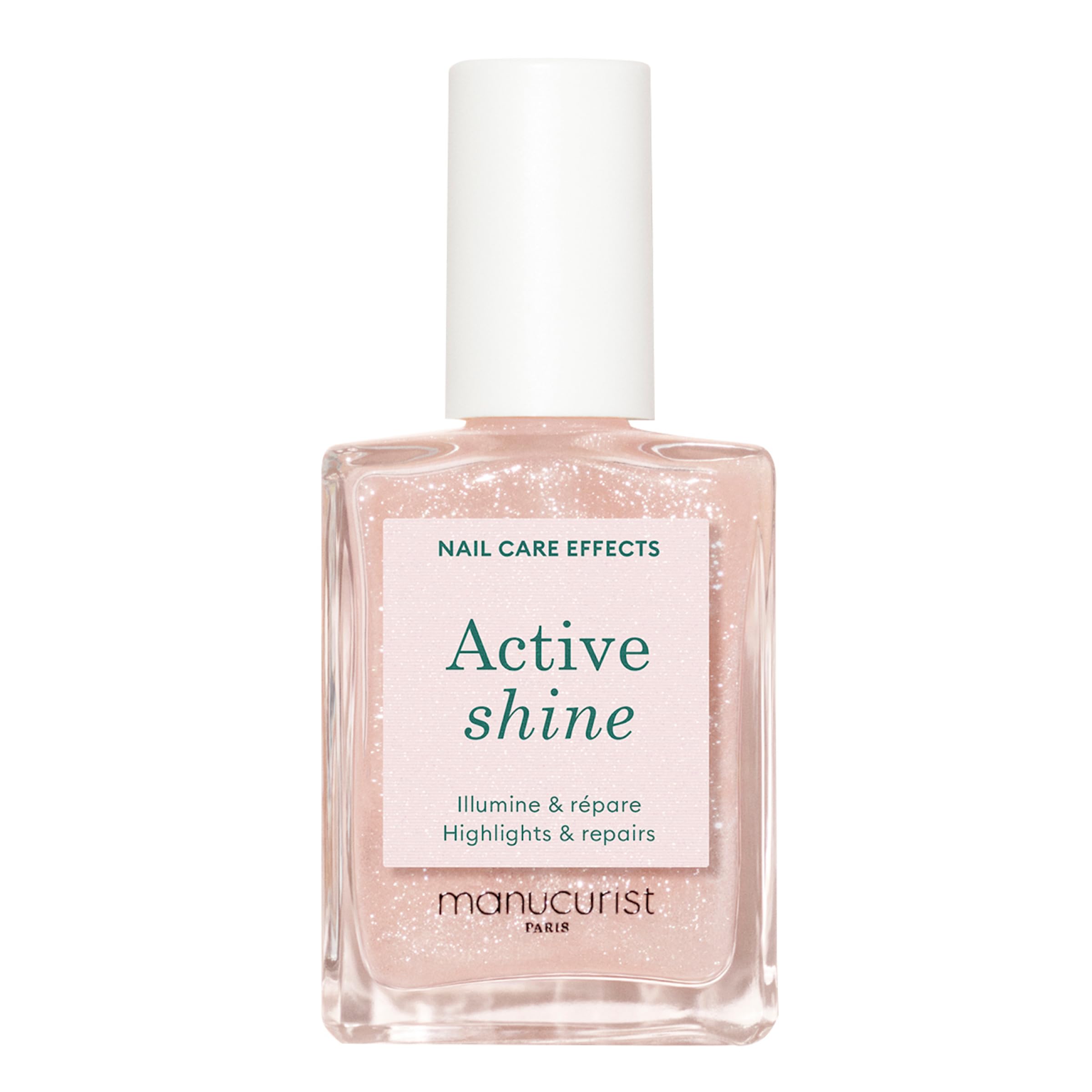 Manucurist Active Shine bottle close-up showing illuminating nude polish and care