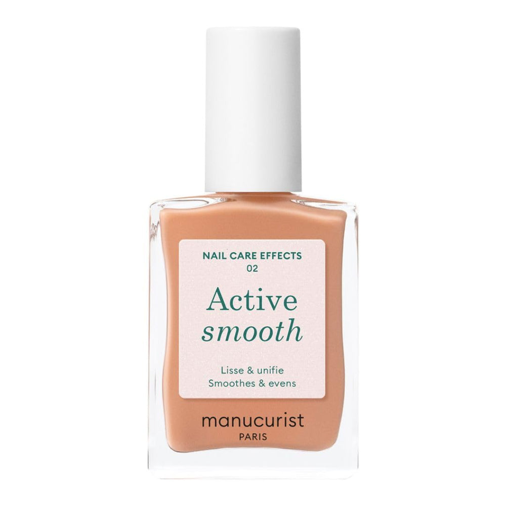Manucurist Active Smooth 02 botella-oro ofrece acabado satinado y fortalecimiento suave para uñas.