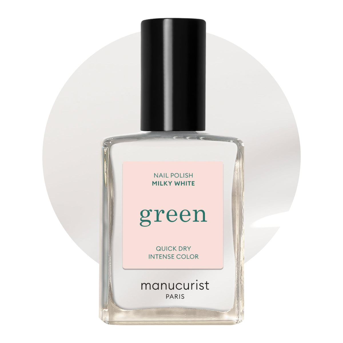 Manucurist Green Milky White, botella frontal, acabado suave para uñas saludables.