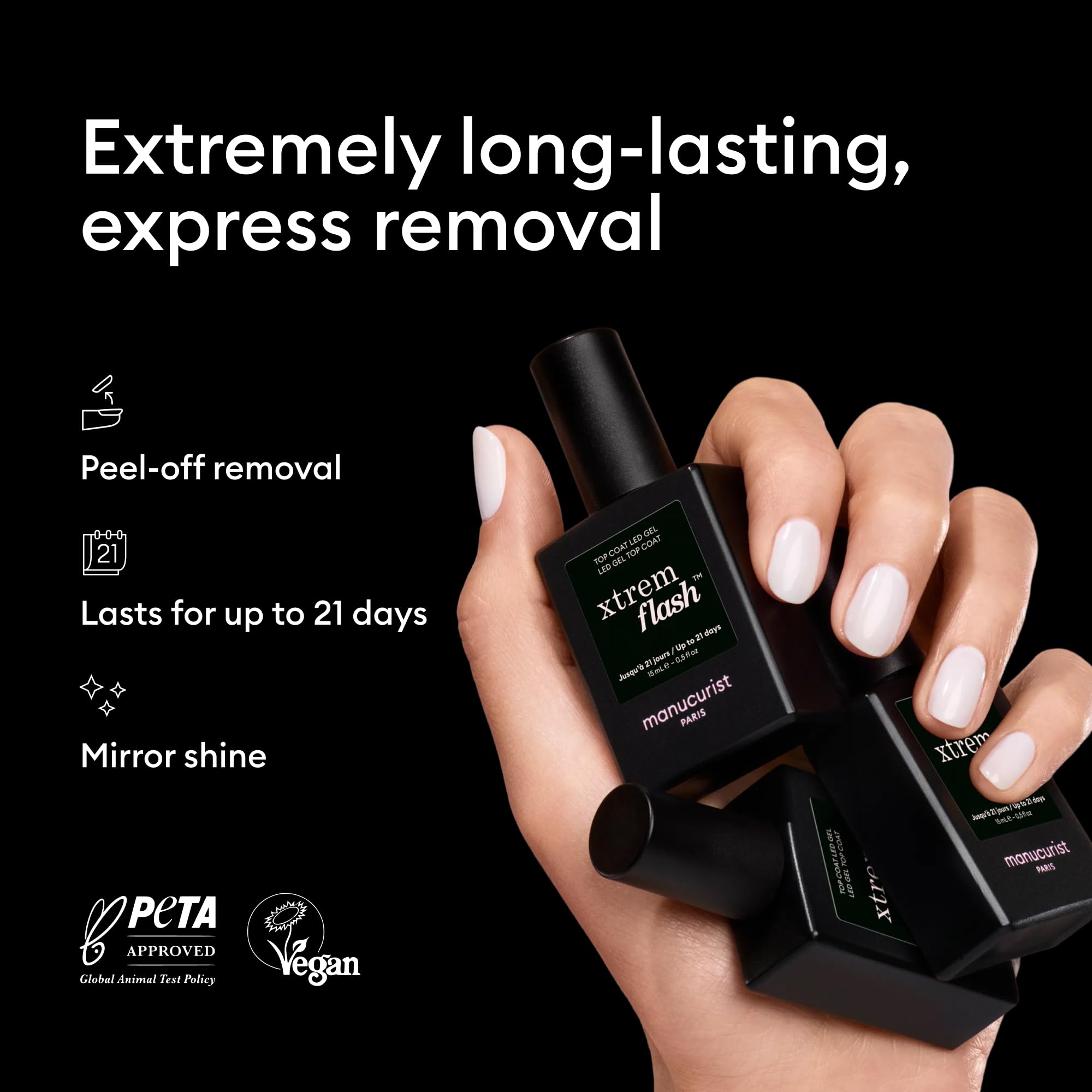 Manucurist Xtrem Flash Top Coat delivers mirror-like shine for a professional gel finish.