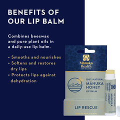 Manuka Health Lip Rescue with MGO 250+ honey showcases natural ingredients.