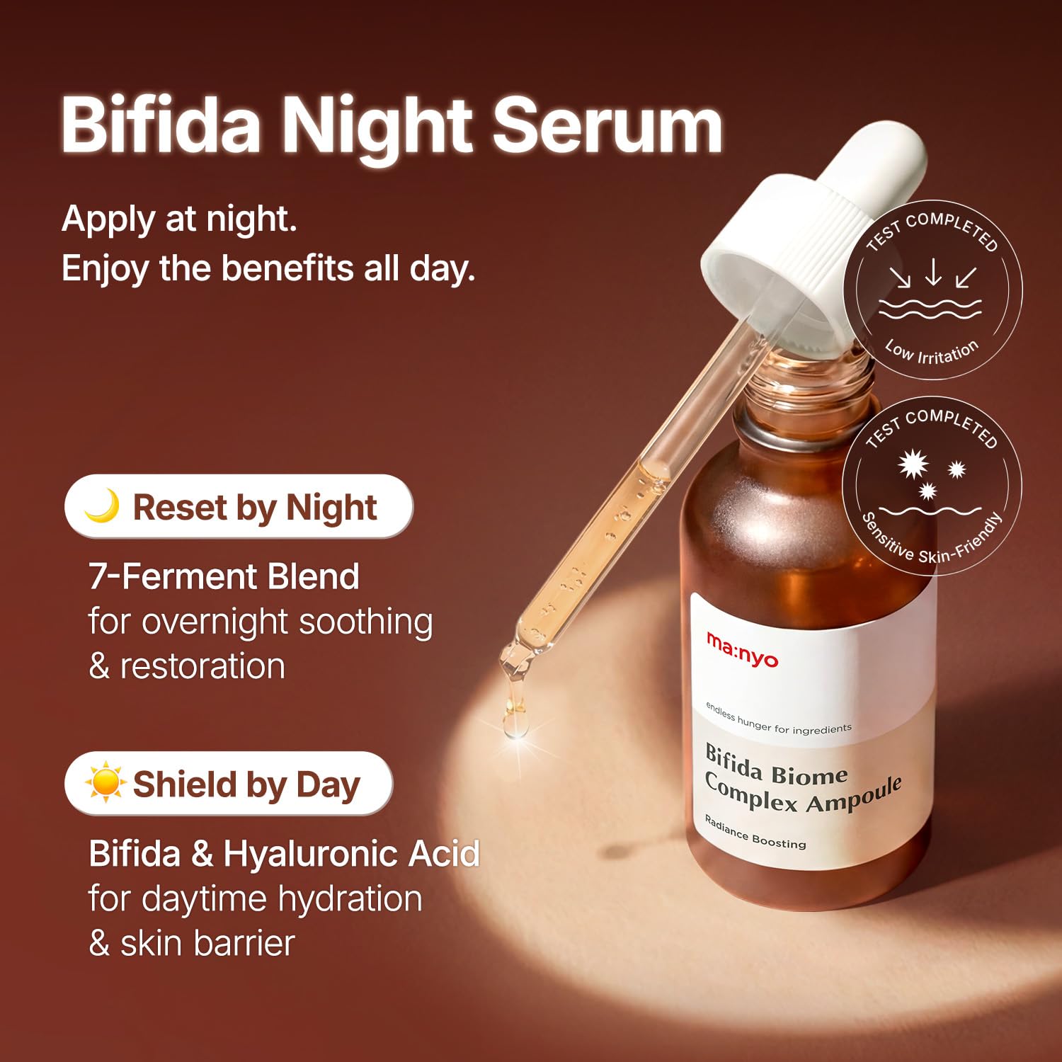 ma:nyo Bifida Biome Ampoule Serum texture close-up showing lightweight, quick absorption.