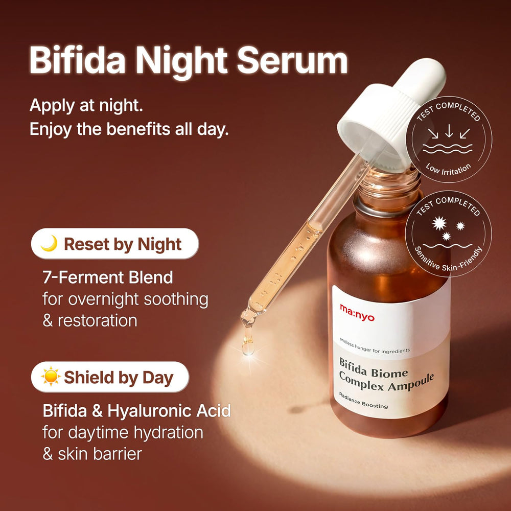 ma:nyo Bifida Biome Ampoule Serum texture close-up showing lightweight, quick absorption.