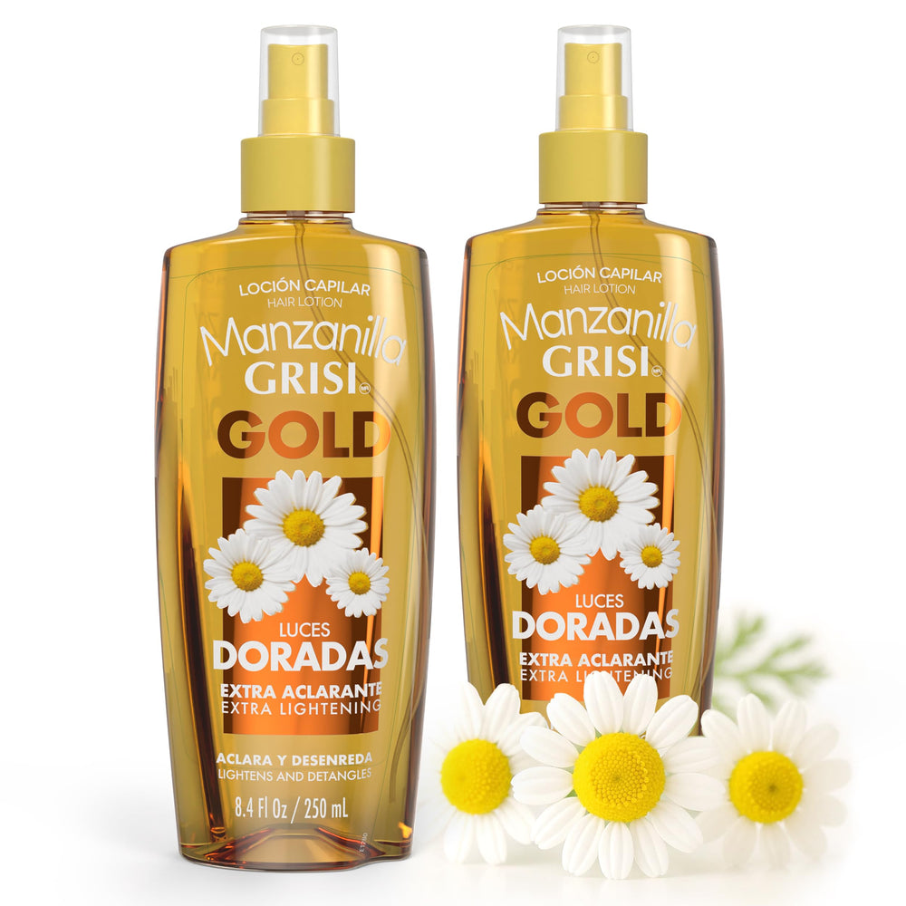 Grisi Manzanilla Hair Lotion Gold bottle shows easy daily lightening