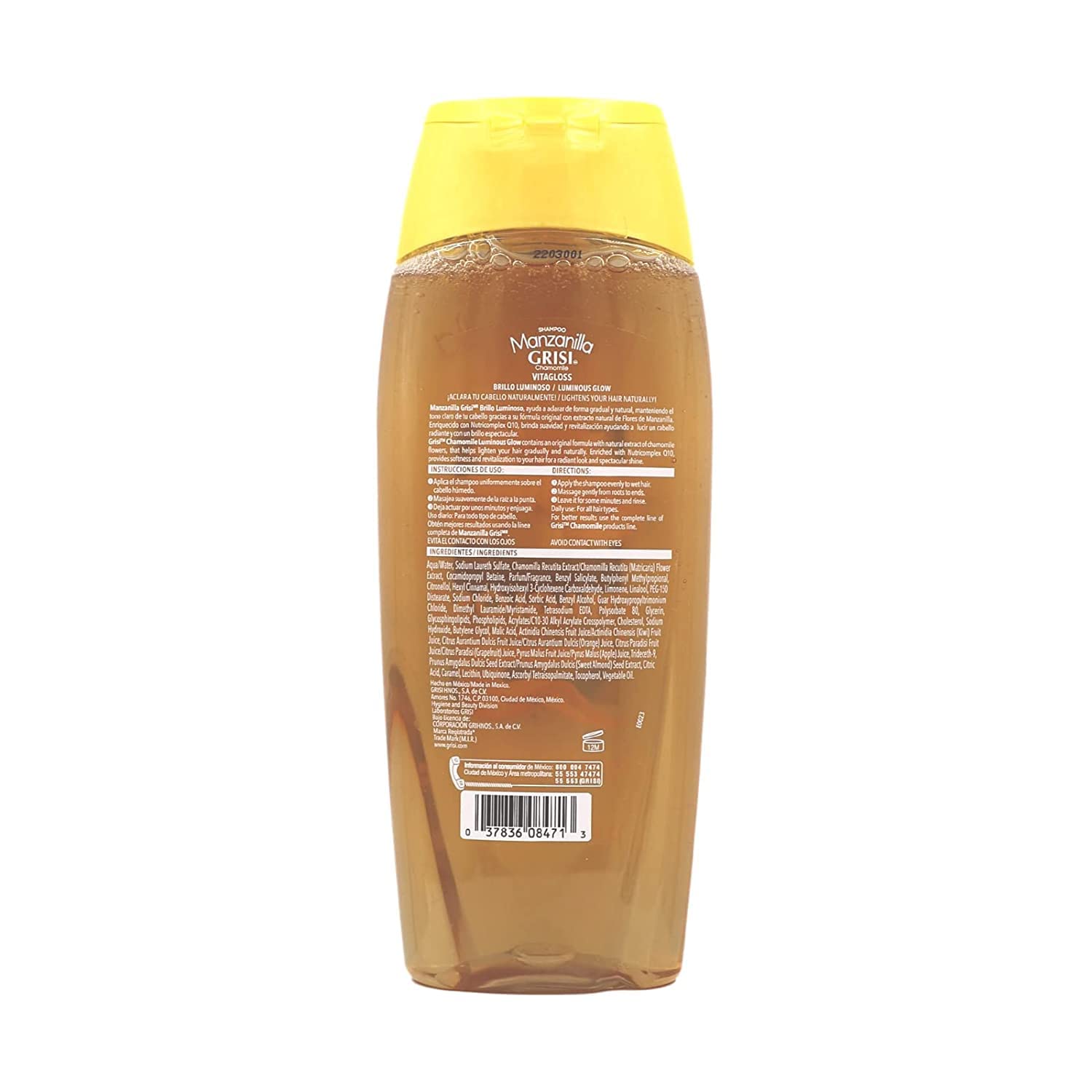 Manzanilla Grisi Shampoo, aplicacion suave, cabello nutrido y protegido.