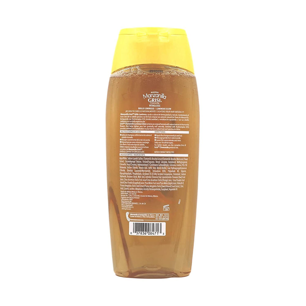Manzanilla Grisi Shampoo, aplicacion suave, cabello nutrido y protegido.