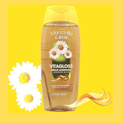 Manzanilla Grisi Shampoo, etiqueta romantica, cabello suave y color dorado.