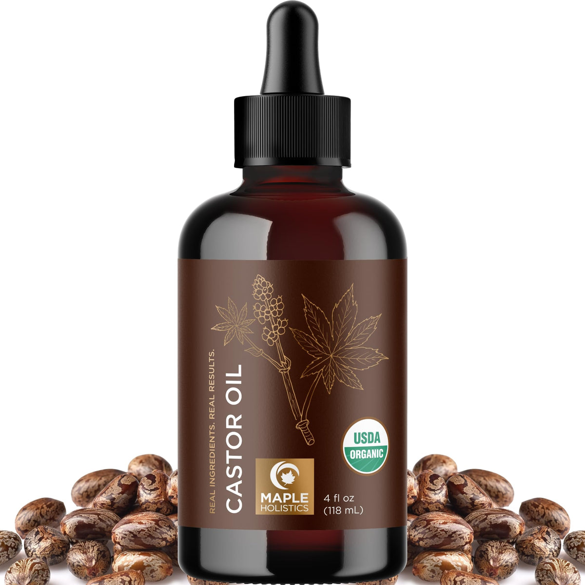 Maple Holistics Aceite de Ricino Orgánico: frasco de vidro para uso versátil en cabello y piel